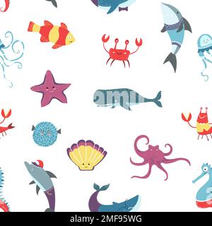 Meeresfrüchte, rohe Meerestiere, Musterung von Kraken und Flusskrebsen Stock Vektor