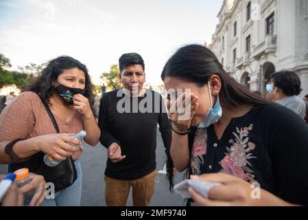 Lima, Peru. 24. Januar 2023: Tausende peruanische Bürger demonstrierten in den Straßen von Lima gegen Präsident Dina Boluarte. Während der Demonstrationen griff die Polizei die Demonstranten mit Gas und Kugeln an und verursachte zahlreiche Verletzungen unter den Demonstranten. (Kreditbild: © Hector Adolfo Quintanar Perez/ZUMA Press Wire) NUR REDAKTIONELLE VERWENDUNG! Nicht für den kommerziellen GEBRAUCH! Kredit: ZUMA Press, Inc./Alamy Live News Stockfoto