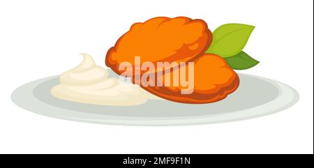 Kürbisschnitzel und saure Sahne auf Tellern isoliertes vegetarisches Gericht Stock Vektor