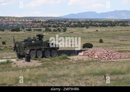 Ein Aufklärungsfahrzeug M1127 mit 3. Squadron, 61. Kavallerieregiment, 2. Stryker Brigade Combat Team, 4. Infantry Division bereitet sich darauf vor, Ziele während der Qualifikation der Stryker-SchützenTabelle V auf Fort Carson, Col., 18. August, anzugreifen. Die Qualifikation der Schützenmannschaft bestätigt die Mannschaften als geschlossene Teams, die in der Lage sind, als Stryker-Crew zu schießen, sich zu bewegen und effektiv zu kommunizieren. Foto der US-Armee von Maj. Jason Elmore. Stockfoto