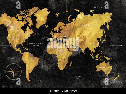 Grob umrissene Karte der Welt auf einer schwarzen Leinwand - glänzendes Gold. Hochwertiges Foto Stockfoto
