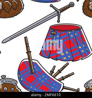 Schottischer Rock und Dudelsack Tasche und Schwert nahtloses Muster Stock Vektor