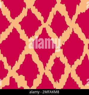 Handgezeichnetes Nahtloses Muster mit traditionellem indonesischen Ikat-Stoffdruck. Rot-gelbes Design mit abstrakten geometrischen Streifenlinien aus der Mitte des Jahrhunderts mit modernen Spritzstrichen und lebendigem maritimen Druck. Stockfoto