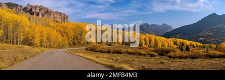 Herbst Golden Valley - Ein Panoramablick am Abend im Herbst auf die Owl Creek Pass Road, die sich durch einen dichten, goldenen Aspenhain in der Nähe von Ridgway, Colorado, USA schlängelt. Stockfoto