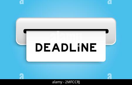 Weißes Coupon-Banner mit Wort „Deadline“ von der Maschine auf blauem Hintergrund Stock Vektor