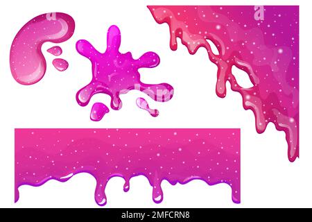 Isolieren Sie Slime Purple und Pink, Jelly Glaze mit Tropfen und Glitzer im Cartoon-Stil nahtlos auf weißem Hintergrund. Vektordarstellung Stock Vektor