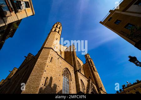 Sant Maria del Mar, eine katalanische gotische Kirche, die zwischen 1329 und 1483 im Stadtteil Ribera von Barcelona erbaut wurde. Stockfoto