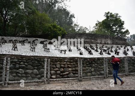 Chandigarh, Indien. 24. Januar 2023. Ein Besucher erkundet den Felsgarten (einen Skulpturengarten) an einem bewölkten Tag in Chandigarh, Indien. Kredit: SOPA Images Limited/Alamy Live News Stockfoto