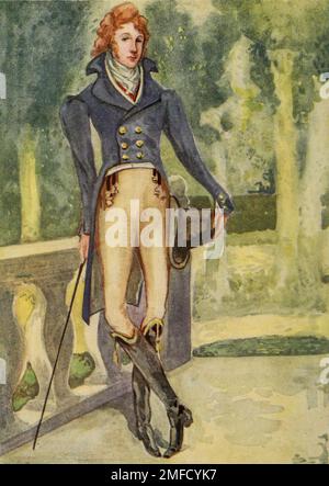 Ein Mann aus der Zeit von George IV (1820 - 1830) Hier sehen Sie den Mantel, den wir jetzt tragen, leicht verändert, in unserem Abendkleid. Mit dieser Form von Top-Stiefeln kam es 1799 in Mode. Und wurde Jean-de-Bry genannt, Notice the beginning of the Whisker Fashion aus dem Buch " English Costume " von Dion Clayton Calthrop, 1878-1937 Publication date 1907 Publisher London, A. & C. Black Stockfoto