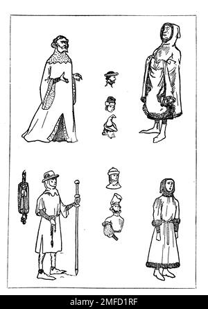 Strichzeichnung von Herrenkostümen im 15. Jahrhundert aus dem Buch " English Costume " von Dion Clayton Calthrop, 1878-1937 Publikationsdatum 1907 Publisher London, A. & C. Black Stockfoto