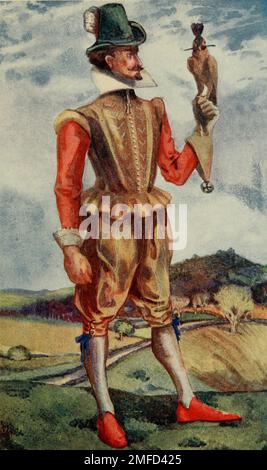 A man of the Time of James I. (1603-1625) Er zeigt die Verschmelzung der elisabethanischen Mode in die Mode von Charles I. Das steife Dublet und die lockeren Hosen, der einfarbige Kragen und die Bänder an den Knien. Auf seinem Hawking-Handschuh ist ein Falke, mit Kapuze und gesiebt aus dem Buch " English Costume " von Dion Clayton Calthrop, 1878-1937 Publication Date 1907 Publisher London, A. & C. Black Stockfoto