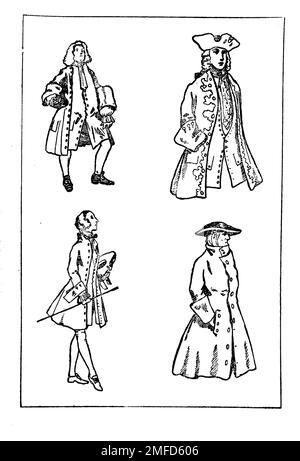 Strichzeichnung von Herrenbekleidung während der Herrschaft von George II aus dem Buch " English Costume " von Dion Clayton Calthrop, 1878-1937 Publikationsdatum 1907 Publisher London, A. & C. Black Stockfoto