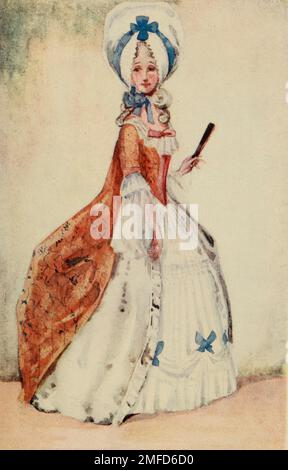 Eine Frau aus der Zeit von George III (1760 - 1820) in der ersten Hälfte der Herrschaft. Beachte ihr Sackkleid über einem Satinkleid und den weißen, aufwendig gefertigten Rock. Auch die große Mütze und die Locken der weißen Perücke aus dem Buch " English Costume " von Dion Clayton Calthrop, 1878-1937 Publikationsdatum 1907 Publisher London, A. & C. Black Stockfoto