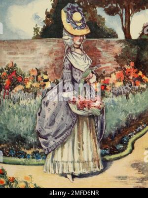 Eine Frau aus der Zeit von George III (1760 - 1820) Hier sehen Sie die letzten Kleider, die 1794 oder 1795 Empire-Kleider ersetzt wurden. Nach der Revolution kam eine Abwechslung über alle Kleidungsstücke. Aus dem Buch " English Costume " von Dion Clayton Calthrop, 1878-1937 Publikationsdatum 1907 Publisher London, A. & C. Black Stockfoto