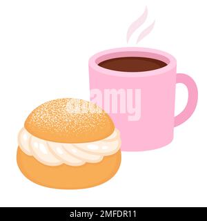 Tasse Kaffee oder Tee und Semla (schwedisches Schlagsahne-Brötchen). Isolierte Vektordarstellung von Süßgebäck. Stock Vektor