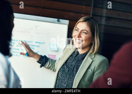 Sie kennt den Weg zum Erfolg. Eine Gruppe von Kollegen, die in einem modernen Büro ein Brainstorming durchführen. Stockfoto