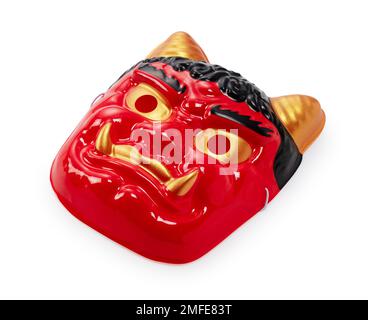 Dämonenmasken auf weißem Hintergrund. Japanische Oger. Setsubun-Bild. Stockfoto