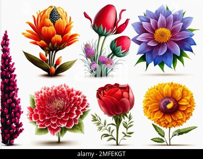 Stellen Sie verschiedene wunderschöne, farbenfrohe Blumen. Farbenfrohe Blumenkollektion mit Blättern und Blumen in Aquarellfarben. Frühlings- oder Sommerdesign für Stockfoto