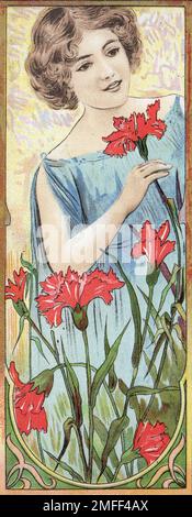 Art Nouveau Mainting 1900er Woman with Flowers Mucha Art Stockfoto