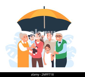 Pflege der Familie. Eltern mit Kindern unter dem Schirm. Glückliche Großeltern und Kinder. Mutter und Vater umarmen Babys. Angehörigenschutz. Menschen Stock Vektor