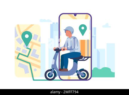Schnelle Lieferung per Roller. Mobile Anwendung. Umweltfreundlicher Verkehr. Elektrofahrzeug. Web-Service für die Lebensmittelbereitstellung. Kurier fährt Motorrad. Verpflegungsversand Stock Vektor