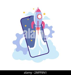 Neues Projekt. Raumschiff startet. Raketenschiff startet mit Smartphone um Wolken und Sterne. Telefon-Bildschirm. Shuttle-Start. Technologieentwicklung Stock Vektor