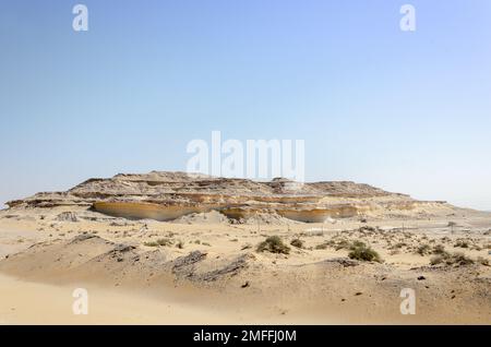 BU Salwa Shelf Hills Wüstenlandschaft mit Kalksteinhügeln im Hintergrund, Katar Stockfoto