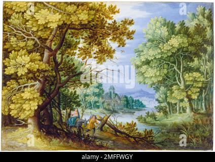 Jan Brueghel, der jüngere, Waldlandschaft mit dem Flug nach Ägypten, mit Öl auf Kupfer gemalt, 1620-1650 Stockfoto