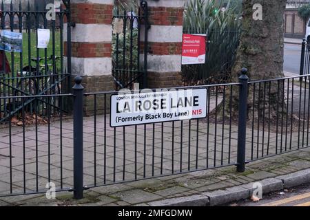 La Rose Lane, Tottenham, London, Großbritannien. 25. Januar 2023 La Rose Lane, früher Black Boy Lane in Tottenham, umbenannt vom Haringey council. Kredit: Matthew Chattle/Alamy Live News Stockfoto