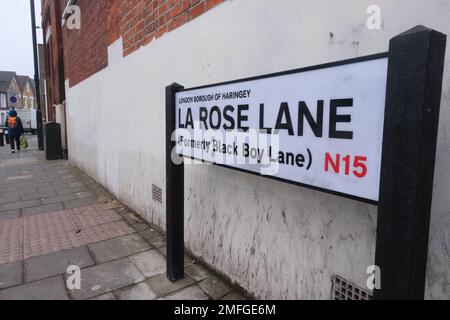 La Rose Lane, Tottenham, London, Großbritannien. 25. Januar 2023 La Rose Lane, früher Black Boy Lane in Tottenham, umbenannt vom Haringey council. Kredit: Matthew Chattle/Alamy Live News Stockfoto