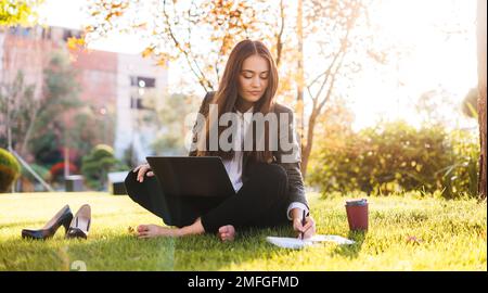 Ganzkörperfoto einer jungen Frau mit Laptop, die auf einer grünen Wiese im Park sitzt. Online-Kommunikation. Geschäftsleute. Geschäftlich Stockfoto