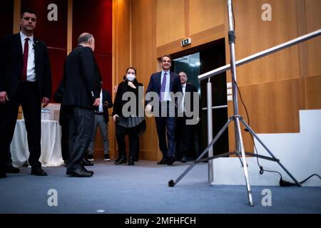 Griechenland, Athen auf 2023-01-23. Der griechische Ministerpräsident Kyriakos Mitsotakis veranstaltet eine thematische Pressekonferenz zum Thema Wirtschaft, Entwicklung und arbeit Stockfoto