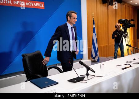 Griechenland, Athen auf 2023-01-23. Der griechische Ministerpräsident Kyriakos Mitsotakis veranstaltet eine thematische Pressekonferenz zum Thema Wirtschaft, Entwicklung und arbeit Stockfoto