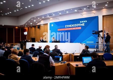 Griechenland, Athen auf 2023-01-23. Der griechische Ministerpräsident Kyriakos Mitsotakis veranstaltet eine thematische Pressekonferenz zum Thema Wirtschaft, Entwicklung und arbeit Stockfoto