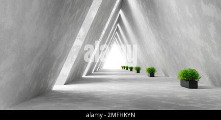 Leerer Langer Lichtkorridor. Moderner weißer Hintergrund. Futuristischer Sci-Fi-Dreieckstunnel. 3D Abbildung Stockfoto