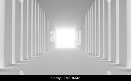 Produkteinstellung in einem weißen abstrakten minimalistischen Raum mit Säulengeometrie, minimaler Beleuchtung im Inneren, Objektplatzierung, abstrakter grauer Hintergrundsaal, 3D Stockfoto