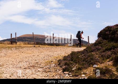 Französische Pyrenäen, Frankreich - 28. Juli 2022: Pilger von hinten entlang des Camino de Santiago. Der Weg des Heiligen Jakobus in den französischen Pyrenäen Stockfoto