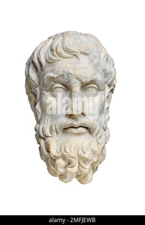Antiker klassischer griechischer Philosophenkopf, Marmorwand von Epikouros, isolierter Vorderblick Stockfoto