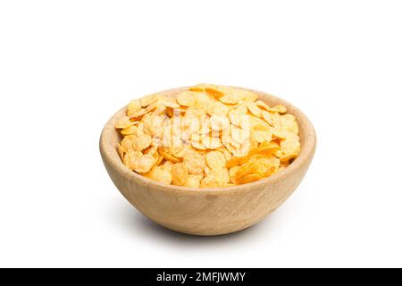 Cornflakes in einer Holzschüssel auf weißem Hintergrund mit Kopierbereich Stockfoto
