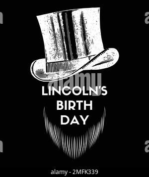 Zum Geburtstag von Abraham Lincolns mit Bärten und Hut aus dem 19. Jahrhundert. Schwarzer Hintergrund. Für Poster, Karten, Banner, Soial Media Post. Stockfoto