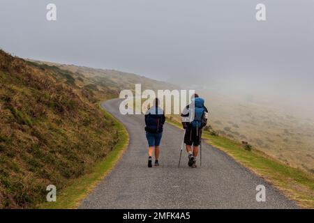 Ein paar Pilger spazieren entlang des Camino de Santiago durch die Pyrenäen. Frankreich Stockfoto