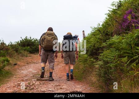 Ein paar Pilger entlang des Camino de Santiago. Der Weg des Heiligen Jakobus in den französischen Pyrenäen Stockfoto