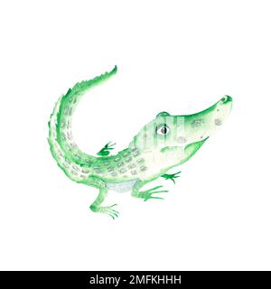 Süßer Baby-Alligator. Isoliert auf weißem Hintergrund. Handgezeichnete Aquarell-Illustration. Perfekt für Kinderkarten und -Poster, Kleidungsabdrücke, Aufkleber Stockfoto