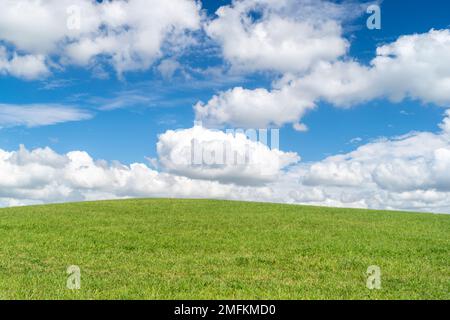 Grashügel, Ebenen, Felder oder Weiden mit tiefblauem Himmel und Wolken. Generisches, einfaches, minimalistisches Hintergrundbild. Land und Himmel. Frühling, Sommer. UK. Stockfoto