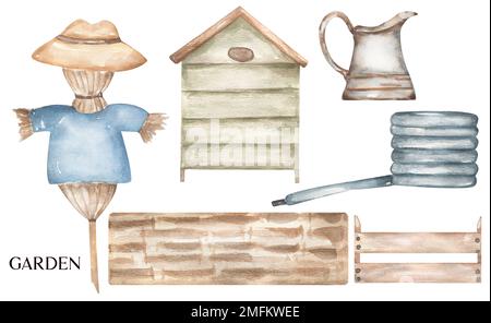 Aquarell handgezeichneter Garten Illustration Set, niedlicher Garten Dummy Clipart, blaue Schlauchklemme Art, Ziegelzaun, altes Metallgefäß, Bienenstock, rustikales Elem Stockfoto