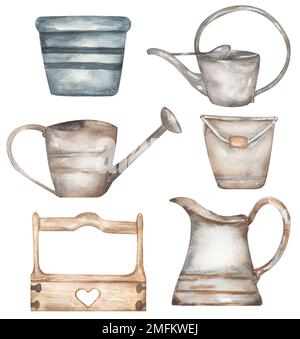 Aquarell handgezeichnete Gardening Cliparts, Gartenszene Schöpfer, Werkzeuge Clip Art, altes Metallglas, Eimer, Gießkanne, Topf, rustikale Elemente des Bauernhauses, sc Stockfoto