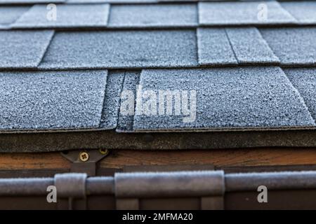 Mattratdach mit Bitumenschindeln. Der Beginn des Winters. Stockfoto