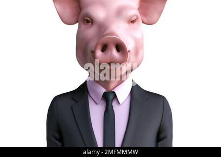 Porträt von Schwein in einem Business-Anzug – Digitale 3D-Illustration auf weißem Hintergrund Stockfoto