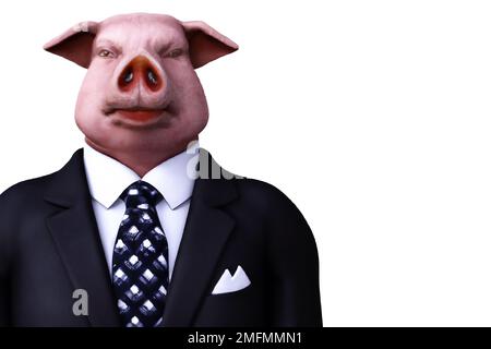 Porträt von Schwein in einem Business-Anzug – Digitale 3D-Illustration auf weißem Hintergrund Stockfoto