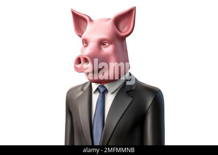 Porträt von Schwein in einem Business-Anzug – Digitale 3D-Illustration auf weißem Hintergrund Stockfoto